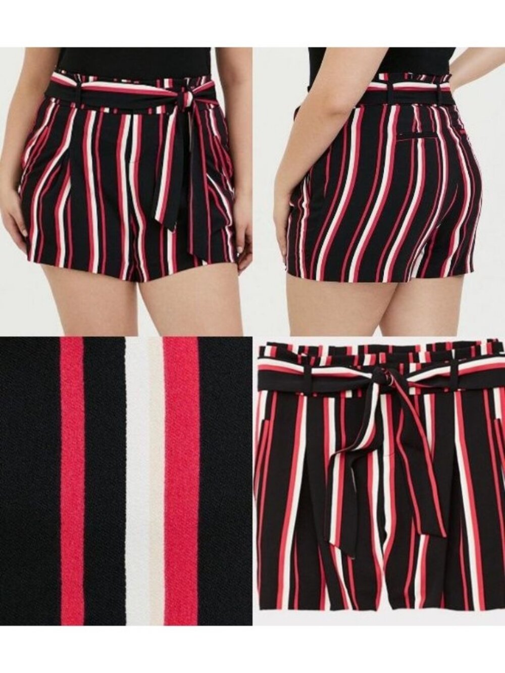 Torrid Size 16 Shorts Belt Crepe Paperbag High Waist Stretch Stripe Black Pink - Picture 8 of 8
